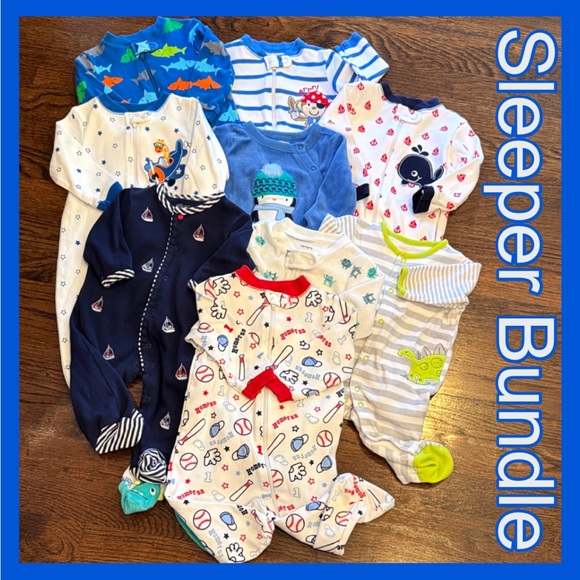 🎈Assorted Bundle of 9 Baby Footed Long Sleeved Sleepers- Sz 3 Months &3-6 Months - Picture 1 of 13